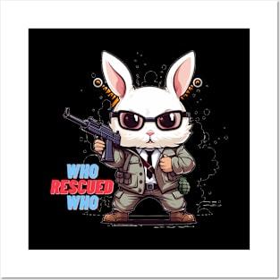 A rabbit holds a gun who rescued who Posters and Art